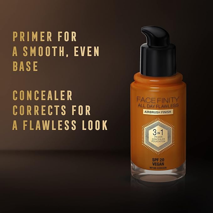 Max Factor Facefinity All Day Flawless 3 In 1 Foundation SPF 20, No. 100 Sun Tan-BrightBean Baby