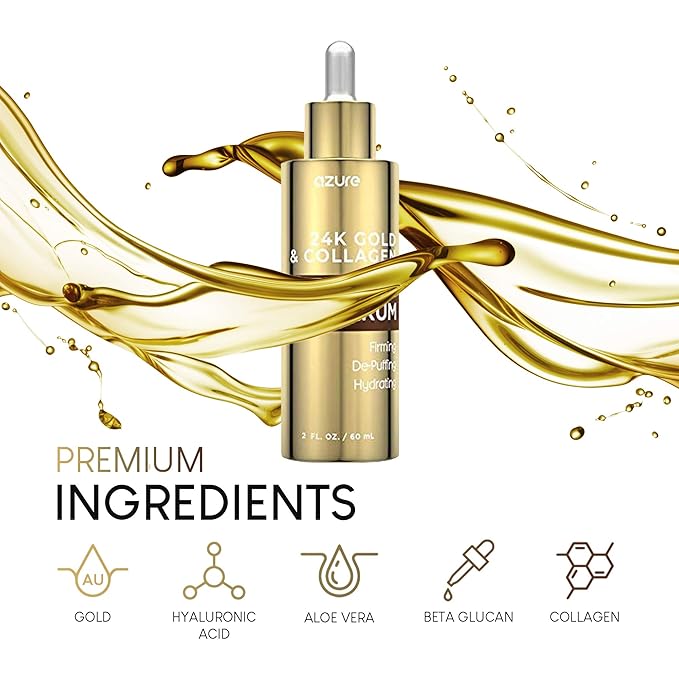 AZURE 24K Gold & Collagen Anti Aging Eye Serum - Firming, De-Puffing & Hydrating | Reduces Wrinkles, Fine Lines & Under Eye Bags | Minimize Signs of Aging | Made in Korea - 60mL-BrightBean Baby