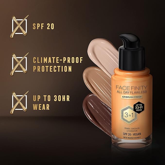 Max Factor Facefinity 3-in-1 All Day Flawless Liquid Foundation, SPF 20-78 Warm Honey, 30 ml-BrightBean Baby