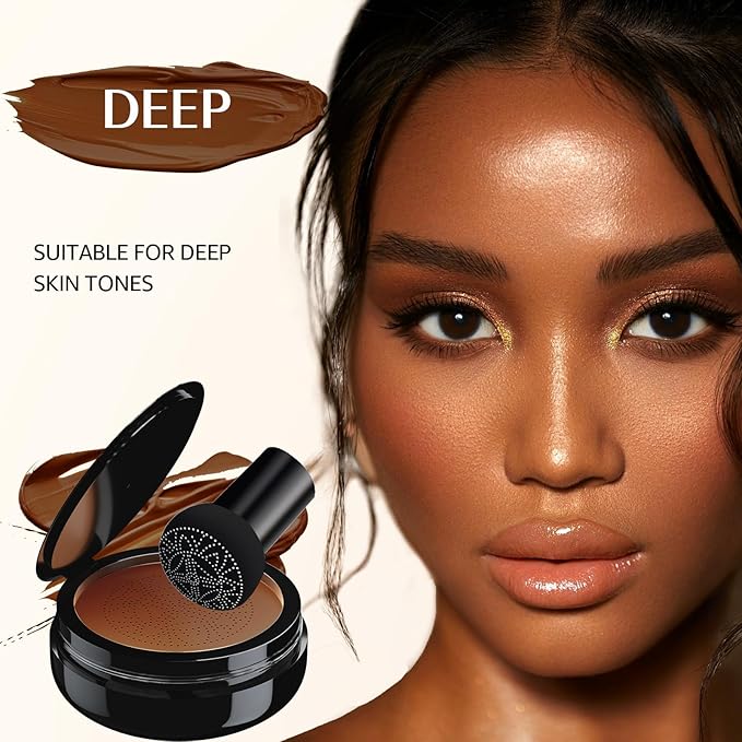 Mushroom Head Air Cushion CC Cream Foundation - Moisturizing & Long-Lasting BB Cream Concealer Makeup Base for All Skin Types, Brighten Long - Lasting Even Color Correcting Concealer (Deep)-BrightBean Baby