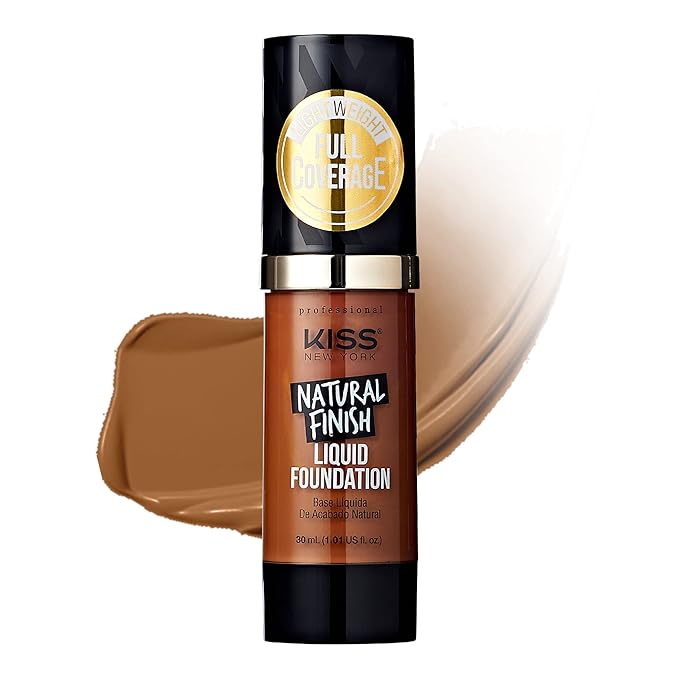 Kiss New York Professional Liquid Foundation - Lightweight and Hydrating Formula, Natural Finish, Control Shine, Cover Pores, Medium to Full Coverage, Green Tea Extract (Caramel)-BrightBean Baby