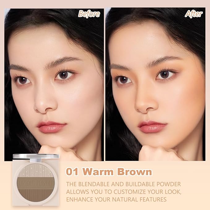 Contour Powder Makeup Palette Matte Shimmer Face Sculpting Shading Silky Smooth Tone Tuning Flawless Pressed Powder Bronzer for Warm Skin Tone, 01 Warm Brown-BrightBean Baby