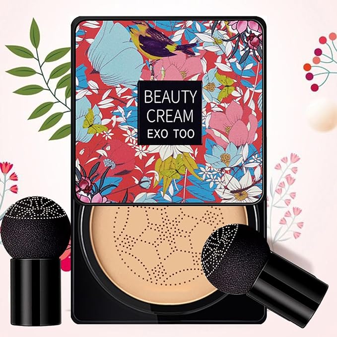 Beauty Cream EXO TOO Foundation, Beauty Cream Makeup Base, Moisturizing, Long Lasting Matte Air Cushion CC Cream Concealer with Two Mushroom Head Sponges-BrightBean Baby