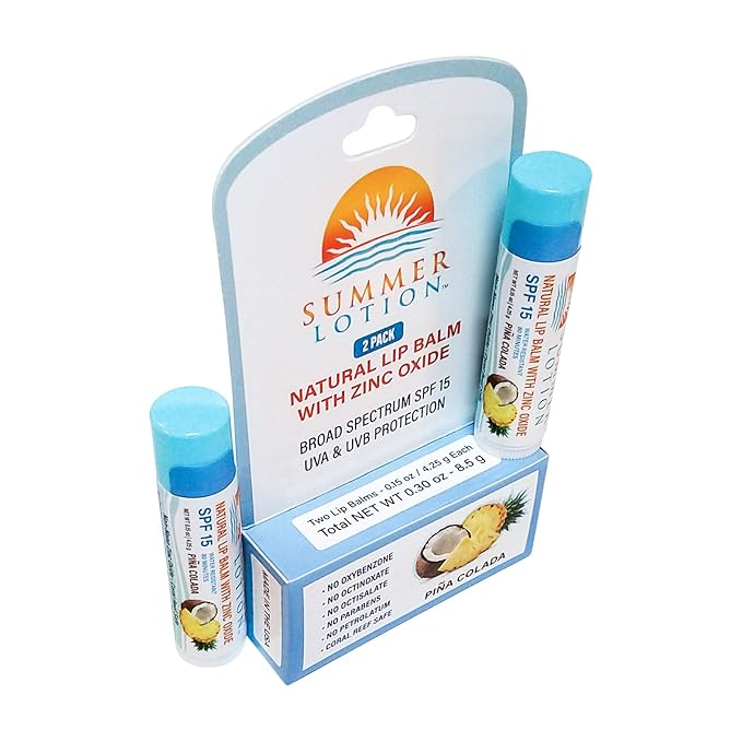Natural Lip Balm with Zinc Oxide Sunblock by Summer Lotion, SPF 15 Lip Sunscreen 2-Pack, Water Resistant Chapstick, SPF Lip Protection for Everyone, (Pina Colada)-BrightBean Baby