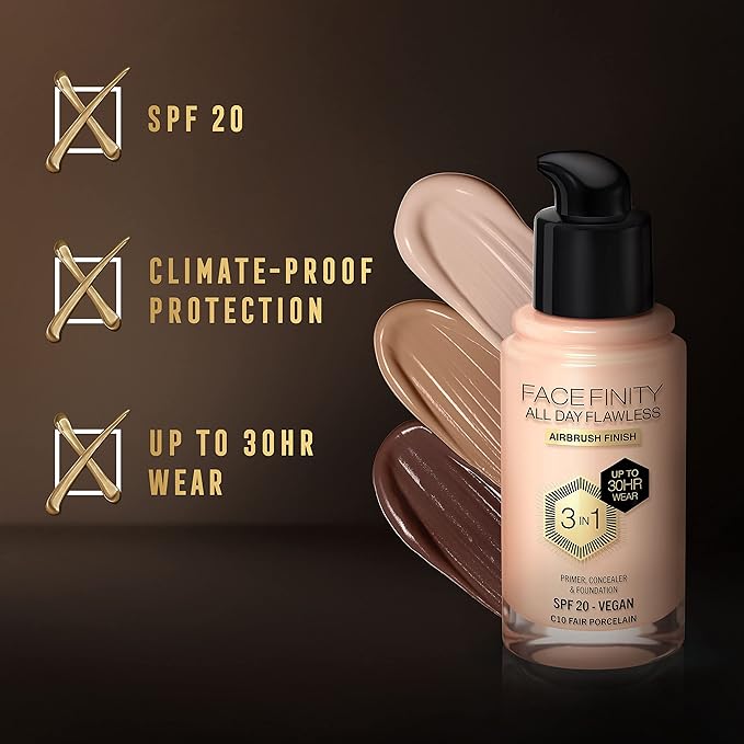 Max Factor Facefinity 3-in-1 All Day Flawless Liquid Foundation, SPF 20-10 Fair Porcelain, 30 ml-BrightBean Baby