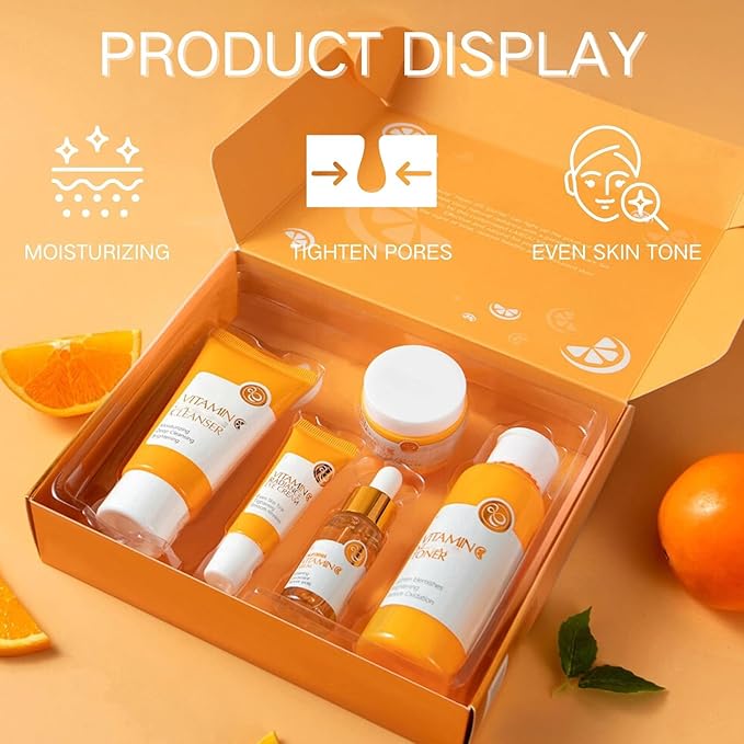 Vitamin C Skincare Set, 5Pcs Skincare Gift Set With Cleanser, Toner, Face Serum, Face Cream, And Eye Cream, Facial Kit for Women, 5-In-1 Skin care Gift Set, Moisturizing Skincare Set For Women Men-BrightBean Baby