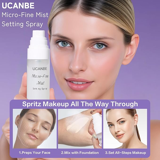 UCANBE Dewy Setting Spray for Makeup, Long Lasting Hydrating Make Up Finishing Spray for Face, Micro-Fine Mist Fixing Spray for Dewy Glow Finish, Lightweight & Waterproof for up to 16 Hours Wear-BrightBean Baby