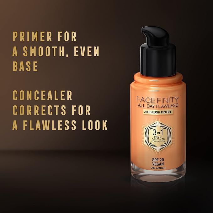 Max Factor Facefinity 3-in-1 All Day Flawless Liquid Foundation, SPF 20-90 Amber, 30 ml-BrightBean Baby