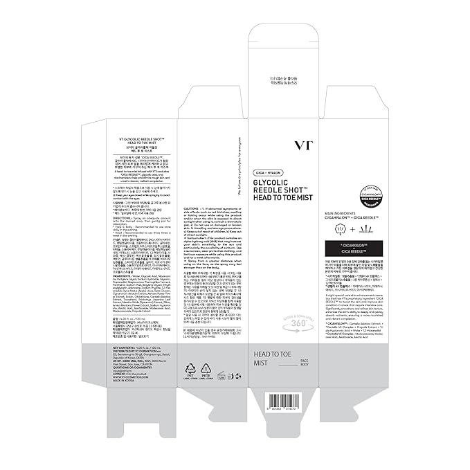 VT COSMETICS 7% Glycolic Acid Reedle Shot Head-to-Toe Mist with Niacinamide, Exfoliating Spray for Bumpy & Strawberry Skin, Dark Spots, Skin Texture, Keratosis Pilaris, Korean Skincare (4.05 fl oz)-BrightBean Baby