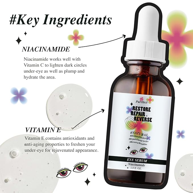 Made in USA Natural Peptide Retinol Niacinamide Eye Serum Anti Aging Brightening Firming Under Eye Care Non-greasy Formula - 1oz/30ml (#Purifect RestoreRepairReverse Niacinamide Eye Serum)-BrightBean Baby