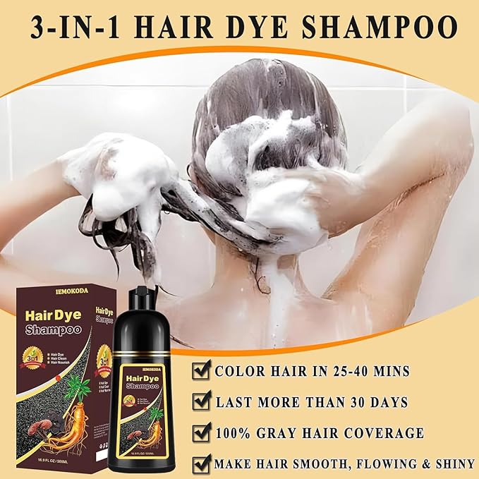 Dark Brown Hair Dye Shampoo 3 in 1 for Gray Hair, Long-lasting & Natual Hair Color Shampoo, Herbal Ingredients Natural Shampoo Hair Dye Effect in Minutes, Gifts for Men Women 500ml-BrightBean Baby