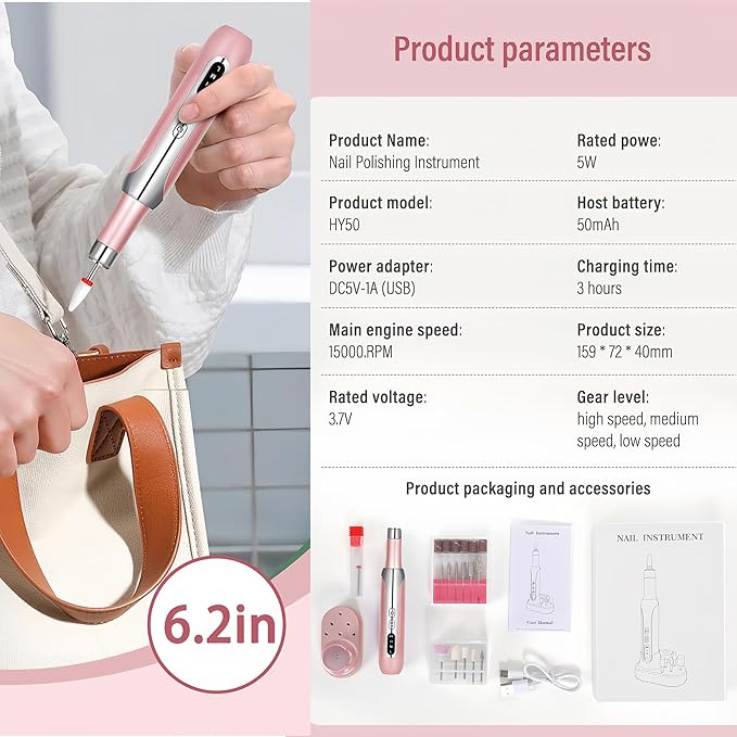 Electric Nail Drill File Cordless,Portable Rechargeable Nail File Kit for Acrylic & Gel Nails,Professional Efile for Manicure Pedicure Polishing,with 12 Nail Drill Bits 31 Sanding Bands,Rose Gold-BrightBean Baby