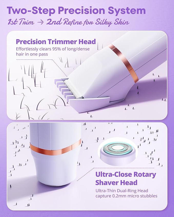 Electric Bikini Trimmer: 2 in1 Body Facial Hair Remover - Painless Pubic Hair Shaver (Purple)