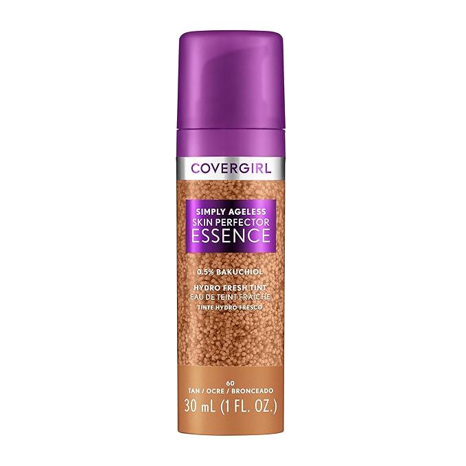 Covergirl Simply Ageless Skin Perfector Essence Foundation, 60 Tan, Tinted Skin Perfector, Skincare Makeup Hybrid, Sheer Tint, Radiant Finish, Skin-Like Finish, Vegan Formula, 1.0oz-BrightBean Baby