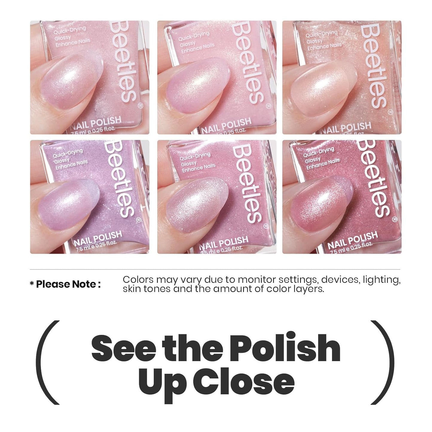 Beetles Pink Nail Polish Set, 6 Colors Glitter Quick Dry Nail Polish Kit Sly Moonlit Fairy Fingernail Polish Gifts for Women Salon DIY Manicure Kit-BrightBean Baby