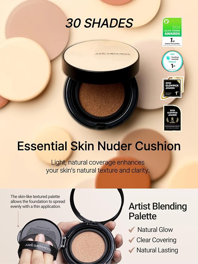 JUNG SAEM MOOL Essential Skin Nuder Cushion 10W Shell 0.49 Fl Oz, No Refill, Natural Radiant Finish Cushion Foundation with Buildable Coverage, Lightweight Texture, Korean Foundation Makeup-BrightBean Baby