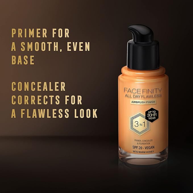 Max Factor Facefinity 3-in-1 All Day Flawless Liquid Foundation, SPF 20-78 Warm Honey, 30 ml-BrightBean Baby