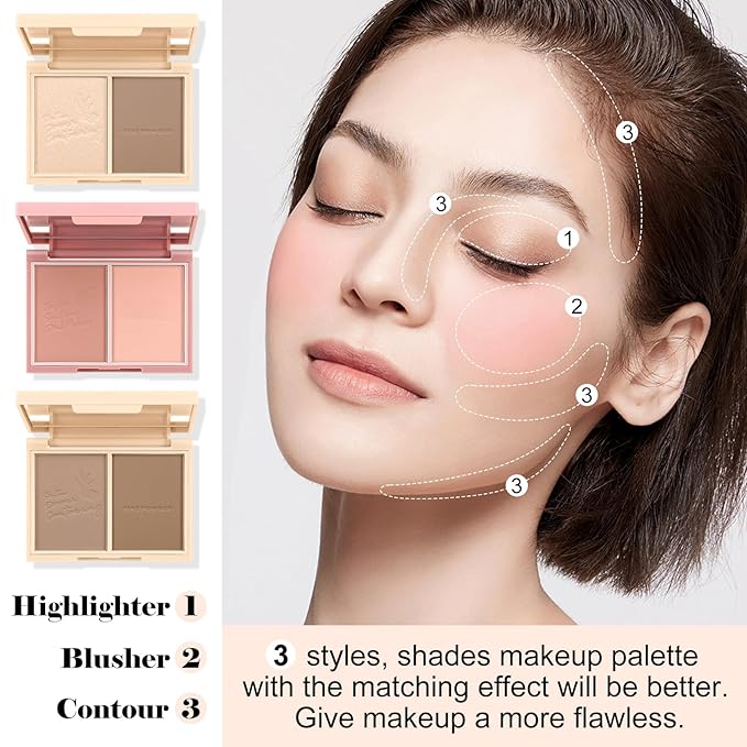 Boobeen Highlighter Contour Makeup Palette Face Matte Bronzer Powder, Compact Contouring Blush for Cheeks, Natural Long Lasting with Brush-BrightBean Baby