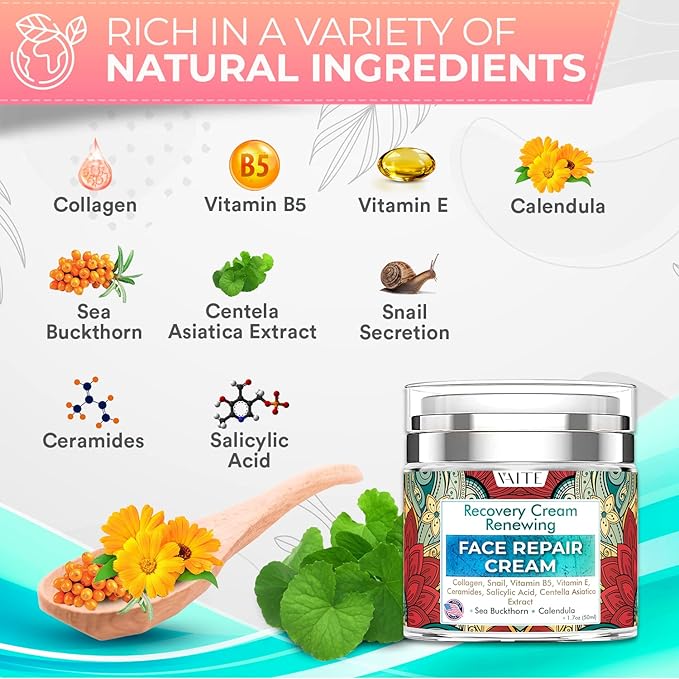 VAITE Face Moisturizer Remedy Skin Repair Cream with Snail, Salicylic Acid, Vitamin B5, Vitamin E, Collagen, and Ceramides for Men and Women Anti-aging Anti-wrinkle Made in USA Night and Day-BrightBean Baby