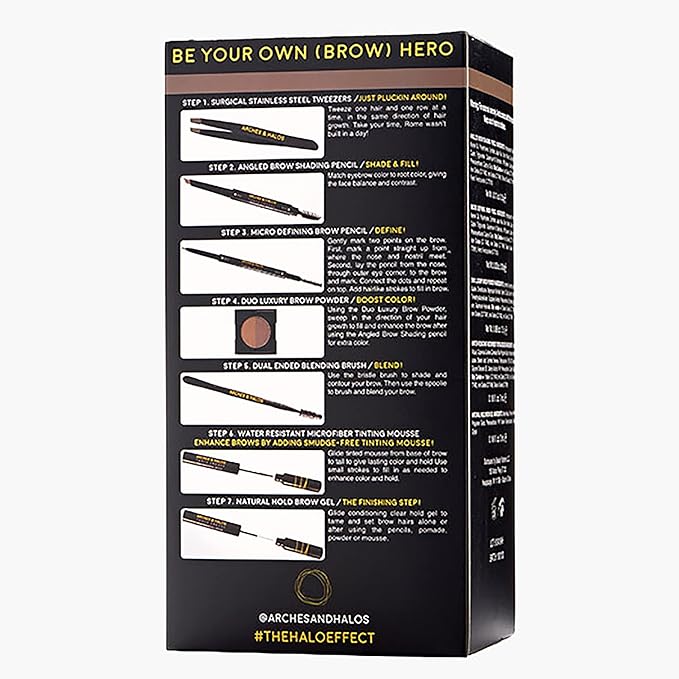 Arches & Halos - Ultimate Brow Hero Kit - Eyebrow Styling Makeup Kit, Pencil, Gel, Shading, Powder, Mousse, Natural and Bold Precise Brow Shaper - Hypoallergenic, Vegan - 7 Pc Kit, Medium-BrightBean Baby