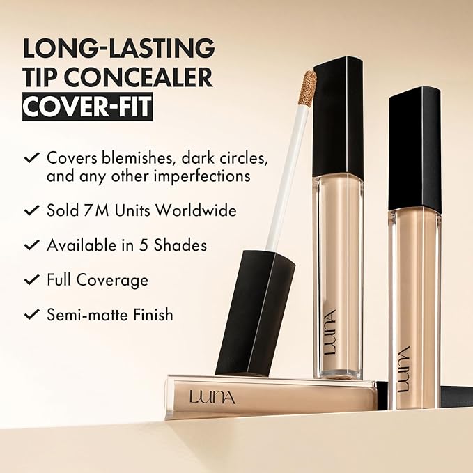 LUNA Long-Lasting Tip Concealer Cover-Fit (#0.5 Proclein) Full Coverage, for Under Eye Dark Circles, Fine Lines, Redness & Discoloration, Korean Makeup 0.26 Fl Oz-BrightBean Baby