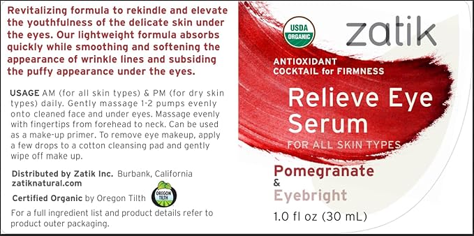 Zatik Naturals - Relieve Eye Serum with Pomegranate and Eyebright Antioxidant, USDA Certified Organic, Rekindle and Elevate Youthfulness Around Thin Areas of the Eyes, 1.0 fl oz, 30ml-BrightBean Baby
