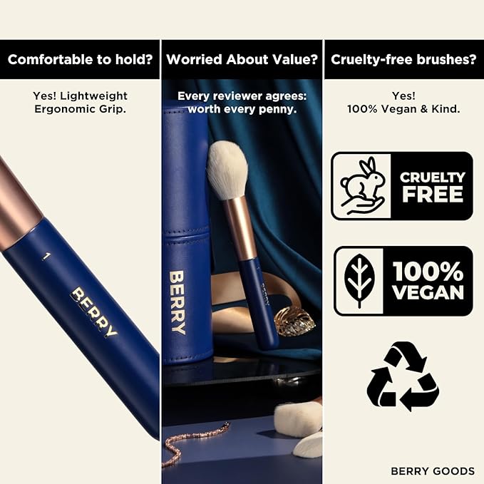 BERRY Blue Premium Makeup Brush Set – 12-Piece Professional Ultra-Soft Synthetic Brushes for Face & Eyes | Foundation, Powder, Blush, Concealer, Eyeshadow – Vegan, Cruelty-Free, Numbered, Travel Case-BrightBean Baby