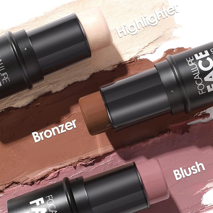 FOCALLURE 3 Pcs Cream Contour Sticks,Shades with Highlighter & Bronzer & Blush,Non-greasy Long-wear Face Contouring Pen,Easy to Sculpt the Face and Create a Lightweight Finishing Makeup,NEUTRAL-BrightBean Baby