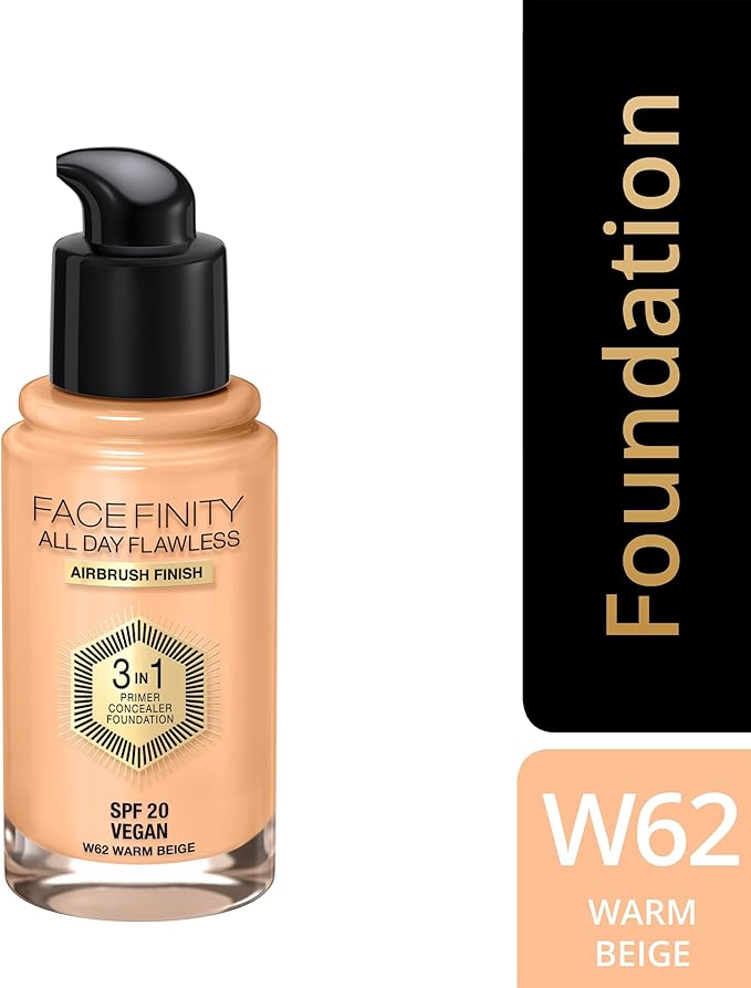 Max Factor Facefinity 3-in-1 All Day Flawless Liquid Foundation, SPF 20-62 Warm Beige, 30 ml-BrightBean Baby