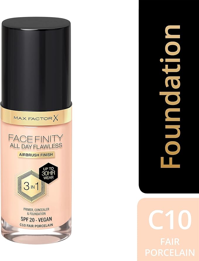 Max Factor Facefinity 3-in-1 All Day Flawless Liquid Foundation, SPF 20-10 Fair Porcelain, 30 ml-BrightBean Baby