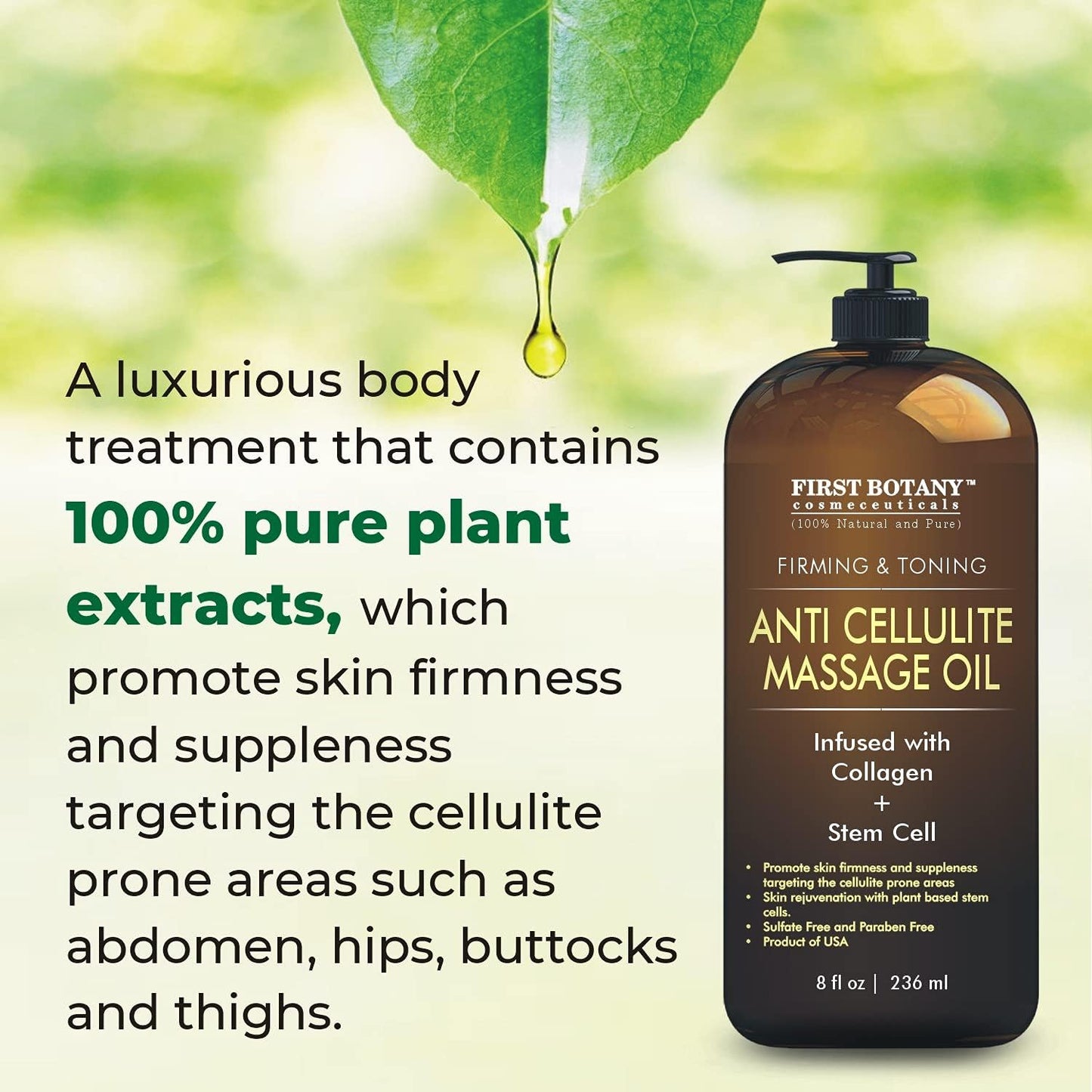 First Botany, Anti-Cellulite Massage Oil Infused with Collagen & Stem Cells - Natural Cellulite & Stretch Mark Treatment for Men & Women - 8 oz-BrightBean Baby