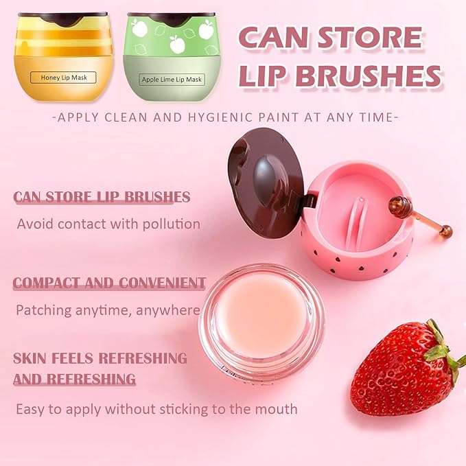 Bee Lip Balm Honey Pot,3 PCS Strawberry&Honey&Apple Lime Lip Sleeping Mask,Hydrating Prevention Dry and Cracked Lip Scrubs Exfoliator Lip Care,Moisturizing Lip Mask Overnight Reduces Lip Lines-BrightBean Baby