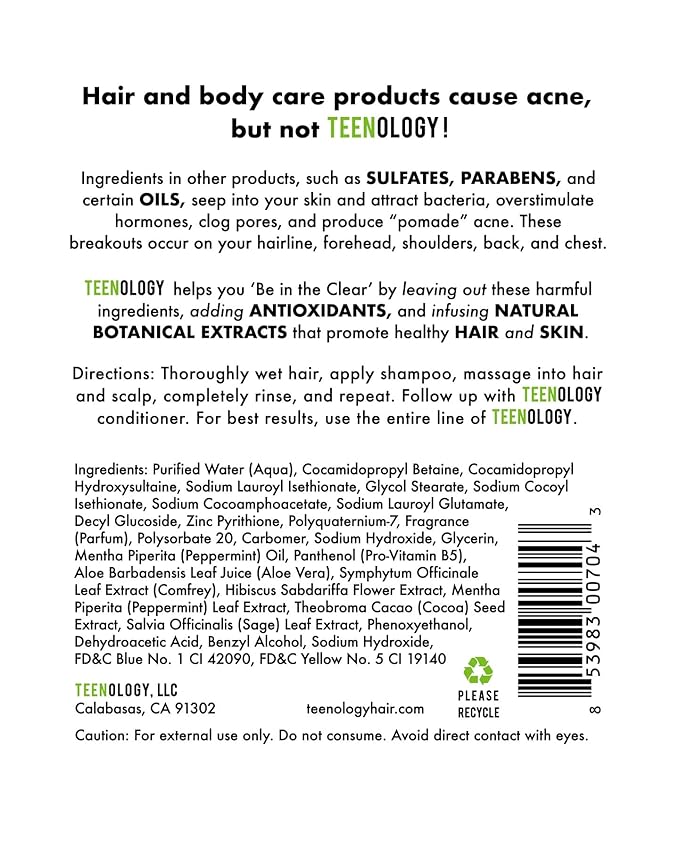 Teenology Shampoo for Teens - Avoid Forehead and Body Acne - No Sulfates or Parabens, Noncomedogenic, Natural Botanical Extracts, 16 oz. (Sweet Mint)-BrightBean Baby