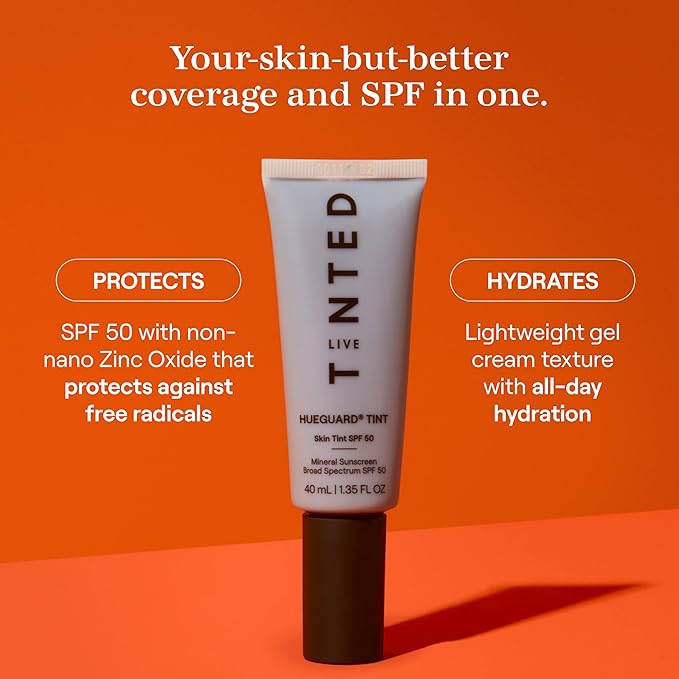 Live Tinted Hueguard Skin Tint SPF 50 - Tinted Mineral Sunscreen with Light-Medium Buildable Coverage With a Hydrating and Radiant Finish - Water and Sweat Resistant, 1.35 fl oz - Shade 03-BrightBean Baby