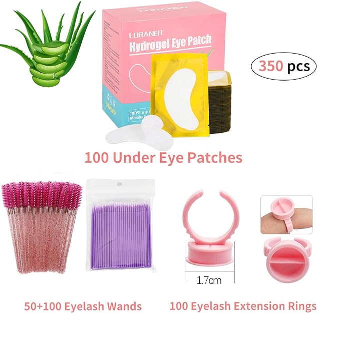 350 PCS Under Eye Gel Pads,Eyelash Mascara Brushes,Holder Eyelash Extension Rings - 100% Naturel Lint Free,Comfy and Cool,Eyelash Extension Eye Pads,Hydro gel Eye Patches Beauty Tool(Gold)-BrightBean Baby