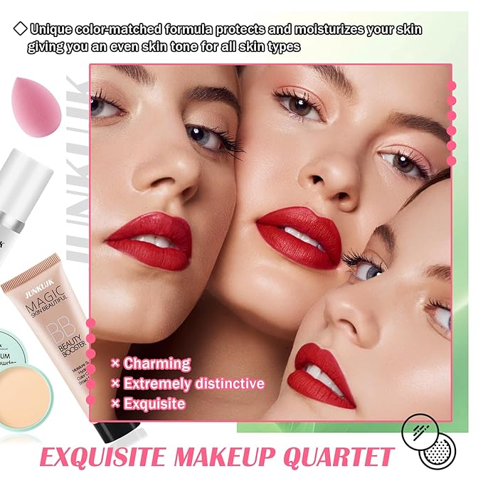 Color Changing Foundation Set,Full Coverage Foundation Liquid Foundation Makeup Gift Set,Moisturizing BB Cream for Women,Flawless Loose Setting Powder Face Primer Base Makeup Kit With Makeup Sponge-BrightBean Baby