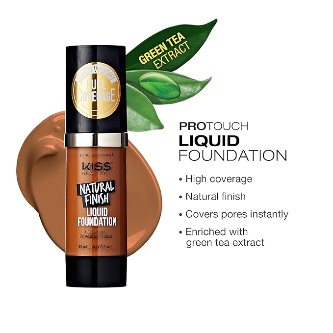 Kiss New York Professional Liquid Foundation - Lightweight and Hydrating Formula, Natural Finish, Control Shine, Cover Pores, Medium to Full Coverage, Green Tea Extract (Maple)-BrightBean Baby