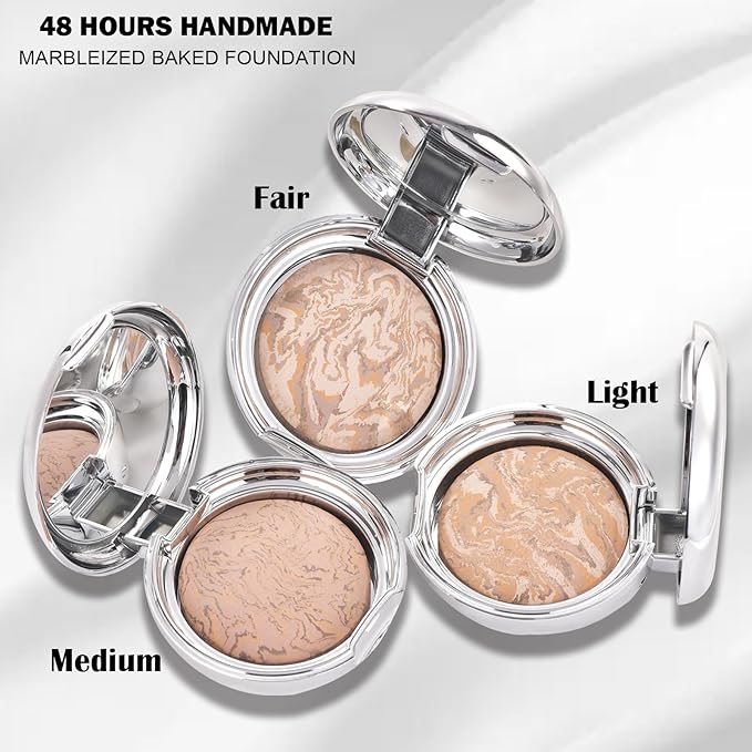 Marbleized Baked Foundation Makeup, Balance and Brighten Color Correcting Powder Foundation - Buildable Light to Medium Coverage - Demi-Matte Natural Finish (#002 LIGHT, 0.32 Oz)-BrightBean Baby