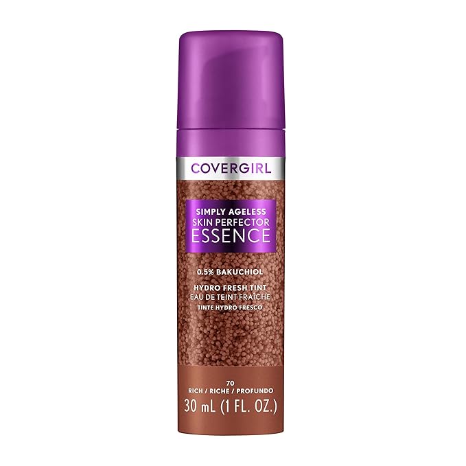 Covergirl Simply Ageless Skin Perfector Essence Foundation, 70 Rich, Tinted Skin Perfector, Skincare Makeup Hybrid, Sheer Tint, Radiant Finish, Skin-Like Finish, Vegan Formula, 1.0oz-BrightBean Baby