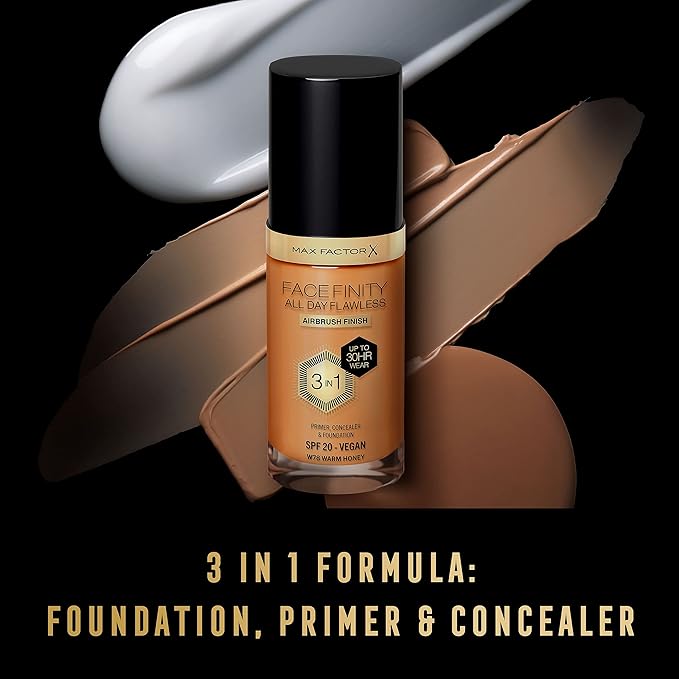 Max Factor Facefinity 3-in-1 All Day Flawless Liquid Foundation, SPF 20-78 Warm Honey, 30 ml-BrightBean Baby