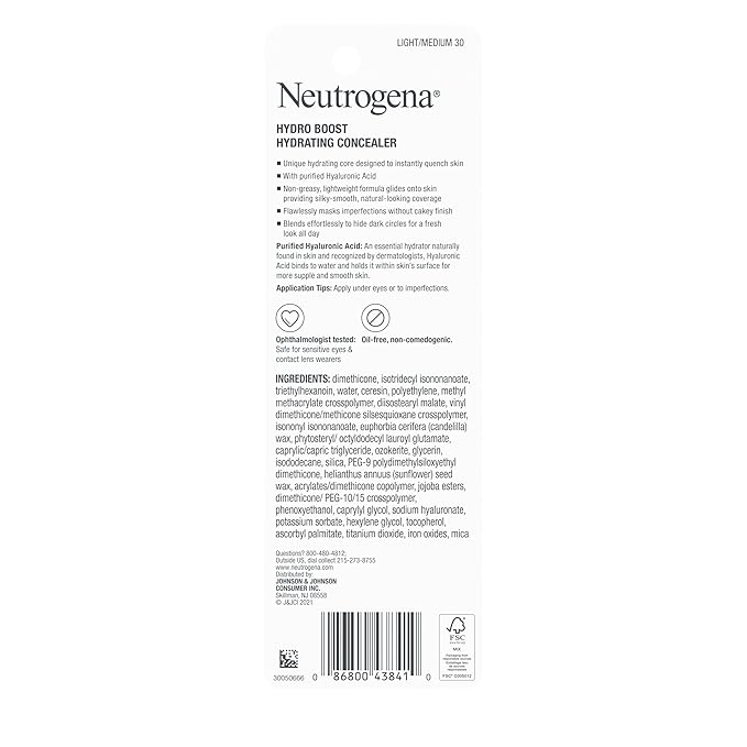 Neutrogena Hydro Boost Hydrating Concealer Stick for Dry Skin, Oil-Free, Lightweight, Non-Greasy and Non-Comedogenic Cover-Up Makeup with Hyaluronic Acid, 30 Light/Medium, 0.12 Oz-BrightBean Baby