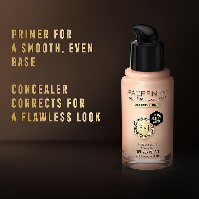 Max Factor Facefinity 3-in-1 All Day Flawless Liquid Foundation, SPF 20-10 Fair Porcelain, 30 ml-BrightBean Baby