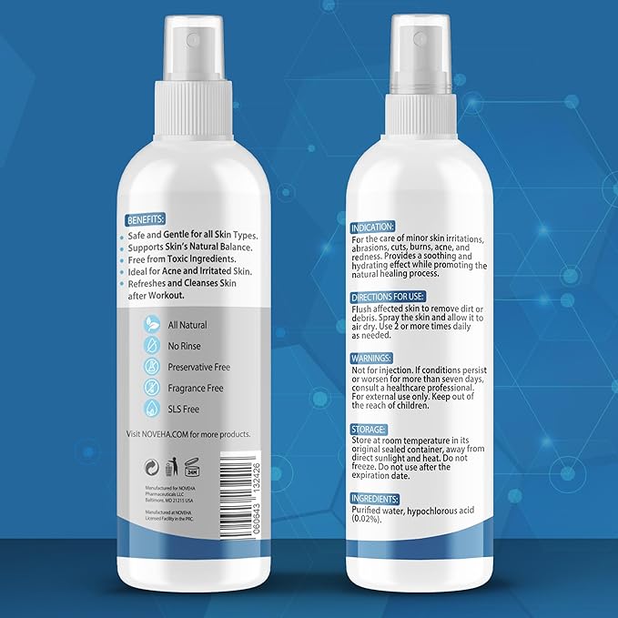 NOVEHA Facial Cleanser For Acne - Hypochlorous Acid Spray - Irritation, Redness & Breakouts Relief - Ideal for Active Teenage & Adult Athletes Post-Workout - Safe for Multiple Daily Uses - 8 oz-BrightBean Baby