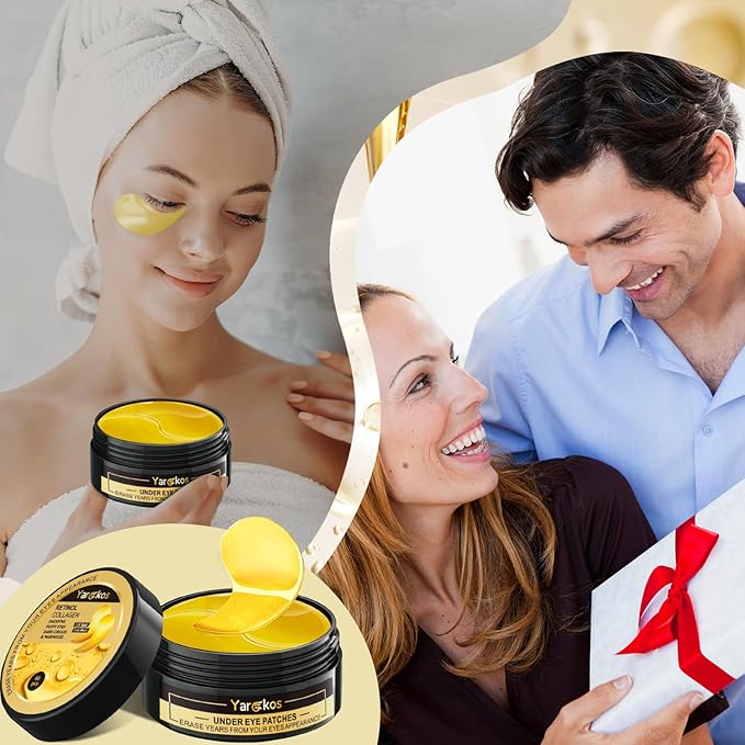 60 Pcs 24K Gold Under Eye Patches with 5 Pieces Travel 24K Golden Eye Mask, 30 Pairs Women Undereye Mask for Dark Circles Puffy Eyes Treatment, Men Gel Pads Hydrating for Puffiness Wrinkle-BrightBean Baby