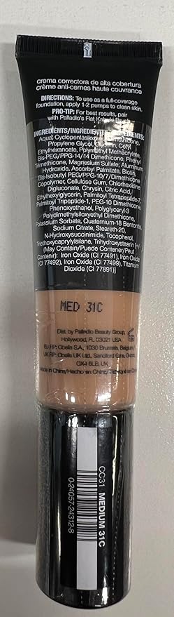 Palladio Full-Coverage Color Correction CC Cream, Oil-Free with Peptides & Vitamin C, Best for Correcting Redness and Uneven Skin Tone, Buildable Foundation Coverage (Med 31C)-BrightBean Baby