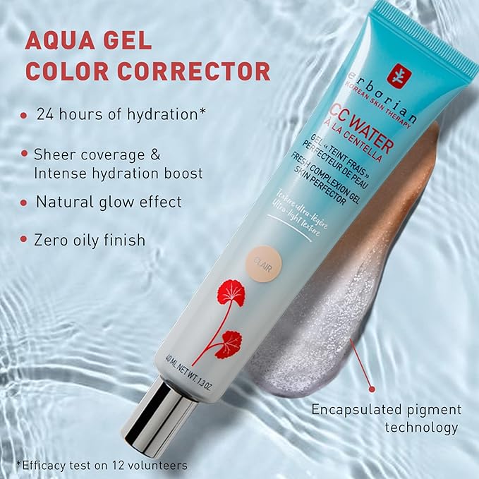Erborian CC Water with Hyaluronic Acid, Doré - Ultra-Light Aqua Gel Color Corrector with Centella Asiatica & Hyaluronic Acid - Plump, Softer & Hydrated Skin - Korean Skincare Skin Perfector - 1.3 Oz-BrightBean Baby