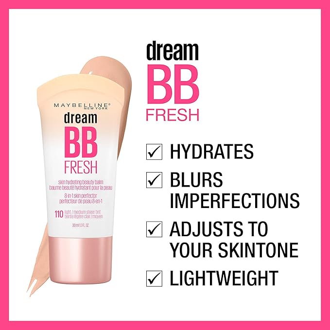 Maybelline Dream Fresh Skin Hydrating BB cream, 8-in-1 Skin Perfecting Beauty Balm with Broad Spectrum SPF 30, Sheer Tint Coverage, Oil-Free, Light/Medium, 1 Fl Oz-BrightBean Baby