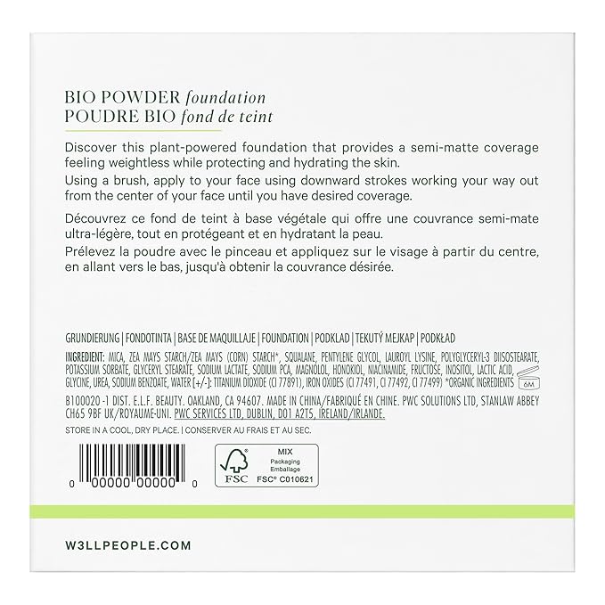 Well People Bio Powder Foundation, Lightweight & Hydrating Foundation For Perfecting & Smoothing Skin, Semi-Matte Finish, Vegan & Cruelty-free, 2W-BrightBean Baby