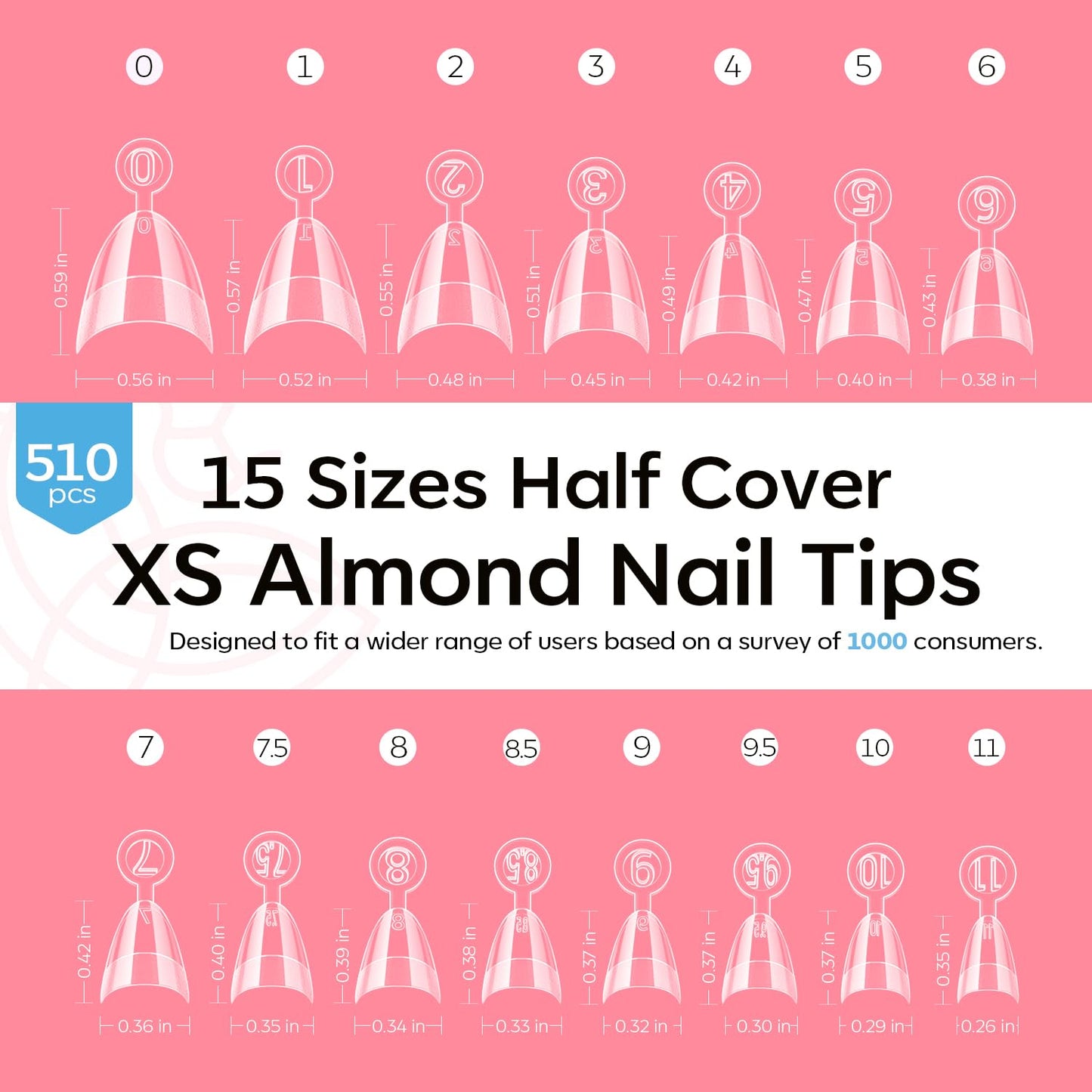 Modelones Extra Short Almond Fake Nail Tips - 510Pcs Half Cover Gel Tips Pre-shaped Clear Acrylic Gel Kit False Press on Nails for Extension DIY Salon 15Sizes-BrightBean Baby