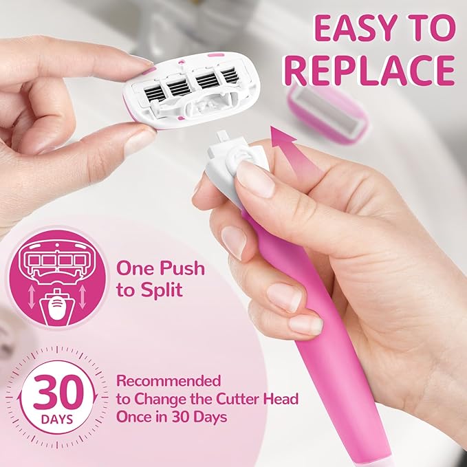 DreamGenius Razors for Women Include 2 Non-Slip Handles and 14 Blade Refills with a Shower Holder, 5 Premium Blades Women's Razors for Shaving with 360° Lubrication Reduces Irritation, Pink